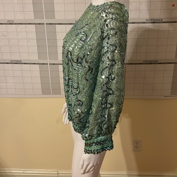 Vintage St. Martin 80s Cropped Top Green Sequin Blouse Bell Sleeve Peek S/M - Picture 5 of 11